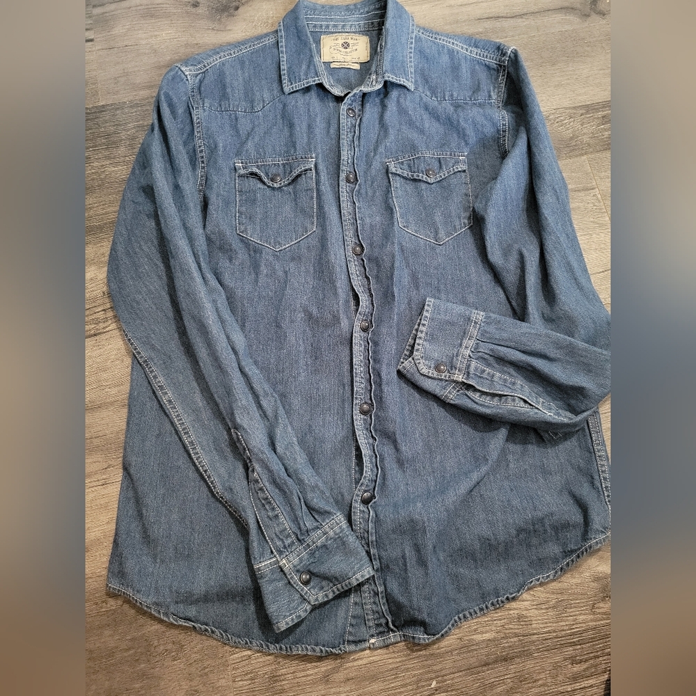 ZARA Shirt Mens Large Denim Western Snap Button Slim FitRodeo Chest Pockets